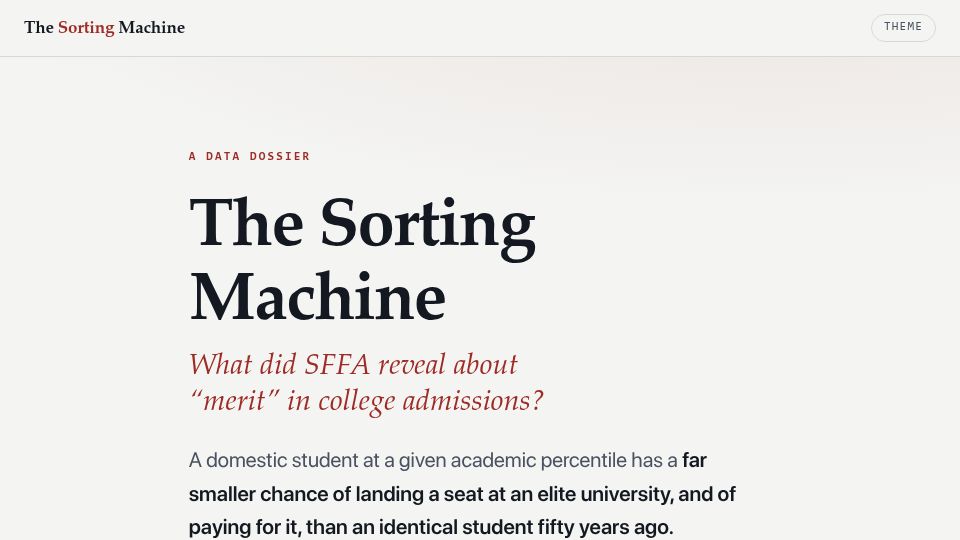 Screenshot of sorting-machine.pages.dev: What did SFFA vs. Harvard reveal about admissions?