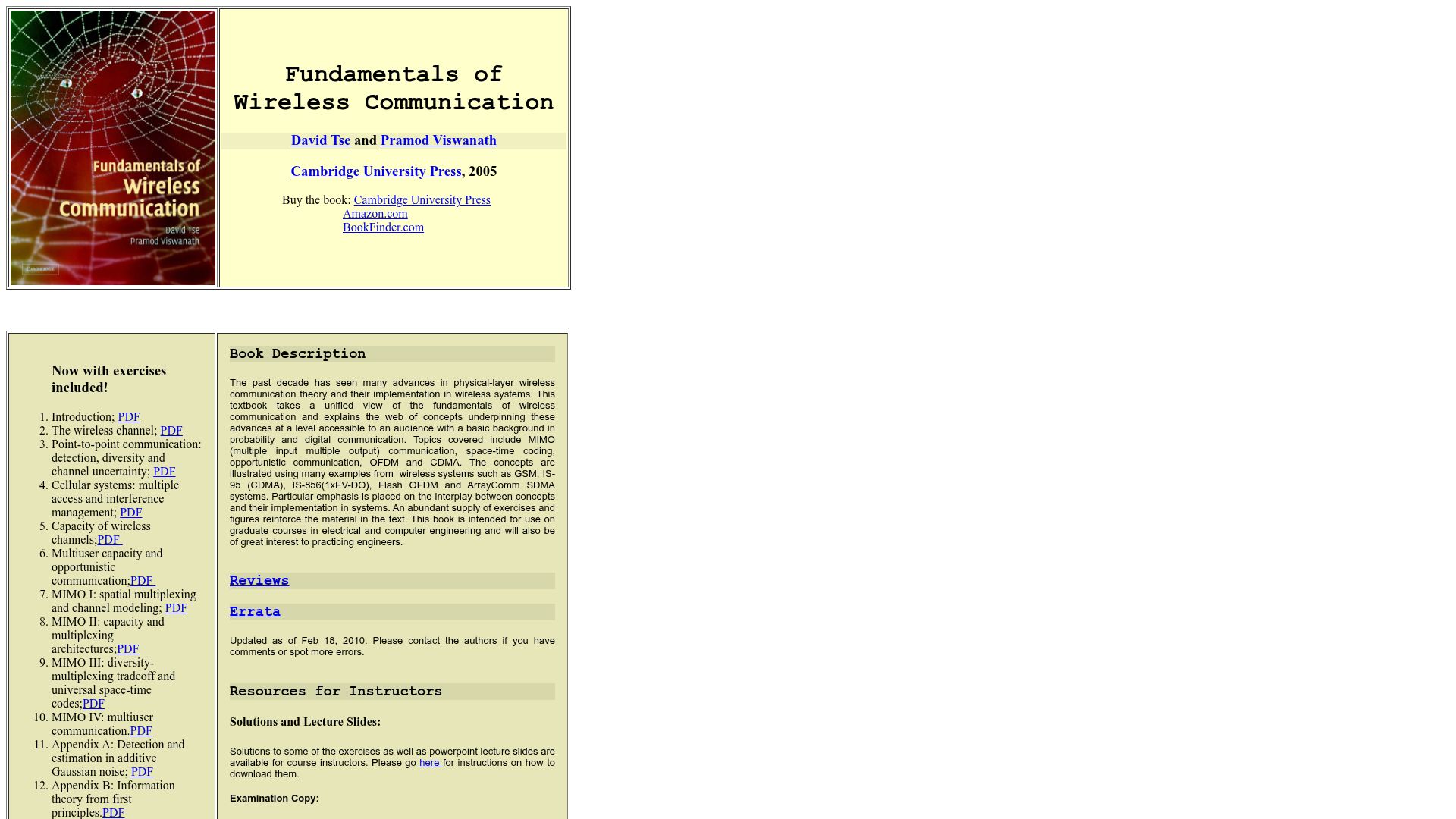 Screenshot of web.stanford.edu: Fundamentals of Wireless Communication (2005)