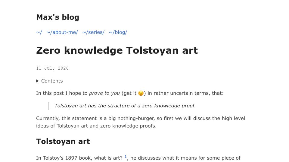 Screenshot of max-amb.github.io: Zero Knowledge Tolstoyan Art