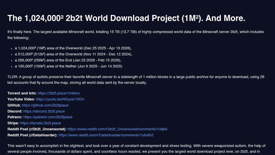 Screenshot of 2b2t.place: The largest available Minecraft world, totalling 15 TB