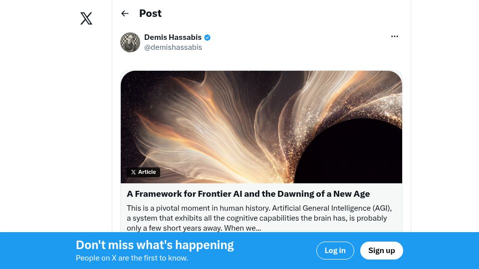 Screenshot of twitter.com: Demis Hassabis has a plan to harness AI safely