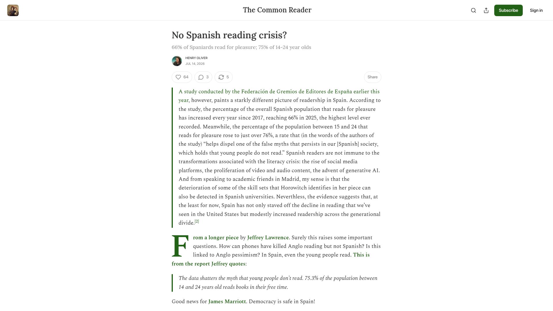 Screenshot of commonreader.co.uk: No Spanish reading crisis?