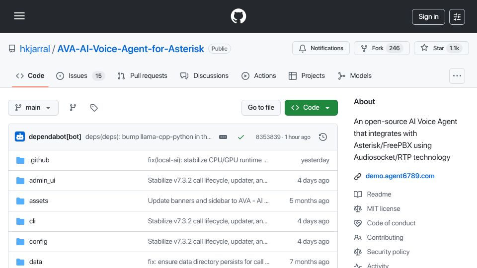Screenshot of github.com: Show HN: Self-hosted voice AI agent for Asterisk/FreePBX