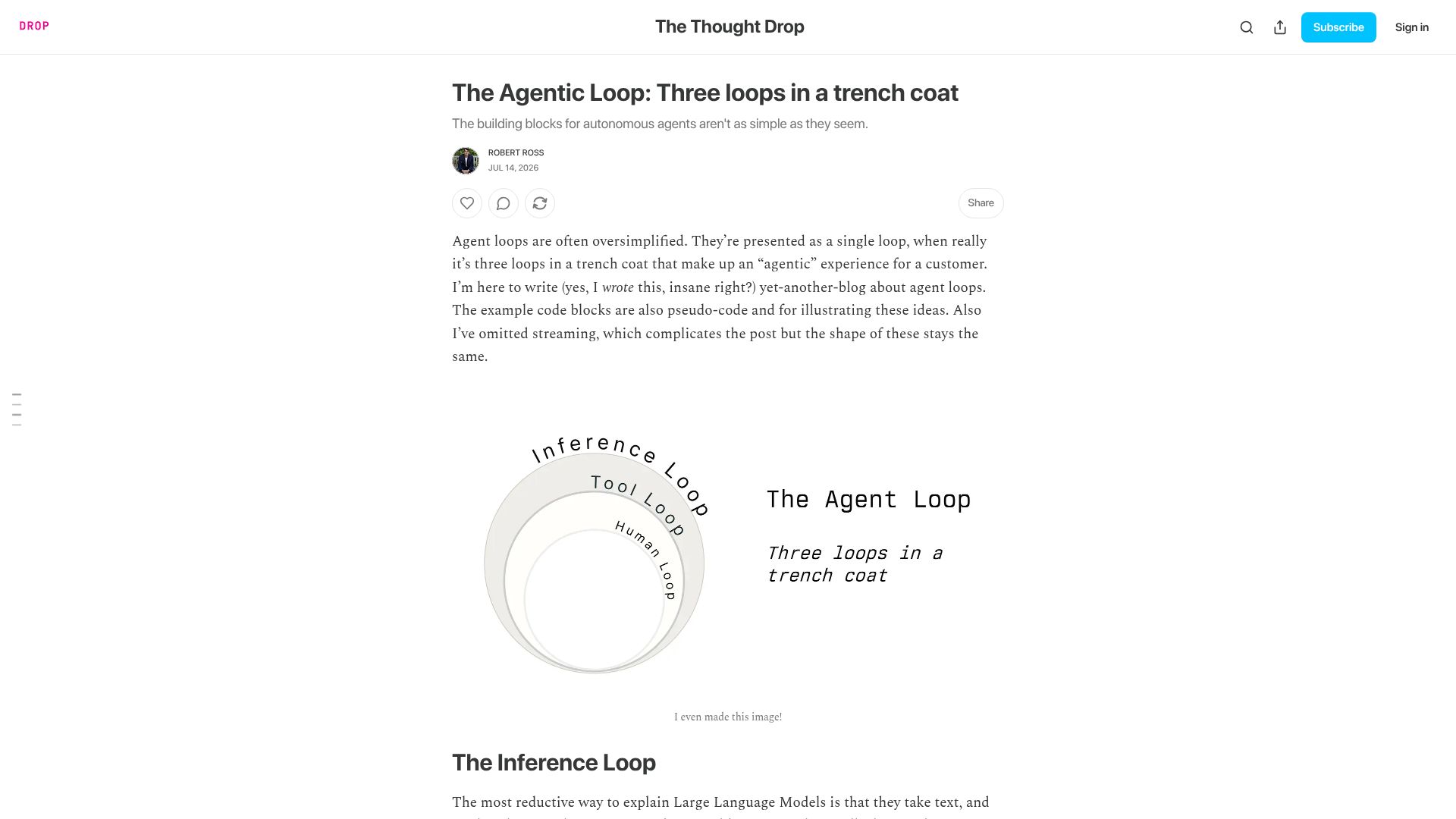 Screenshot of bobbytables.io: The Agentic Loop: Three loops in a trench coat