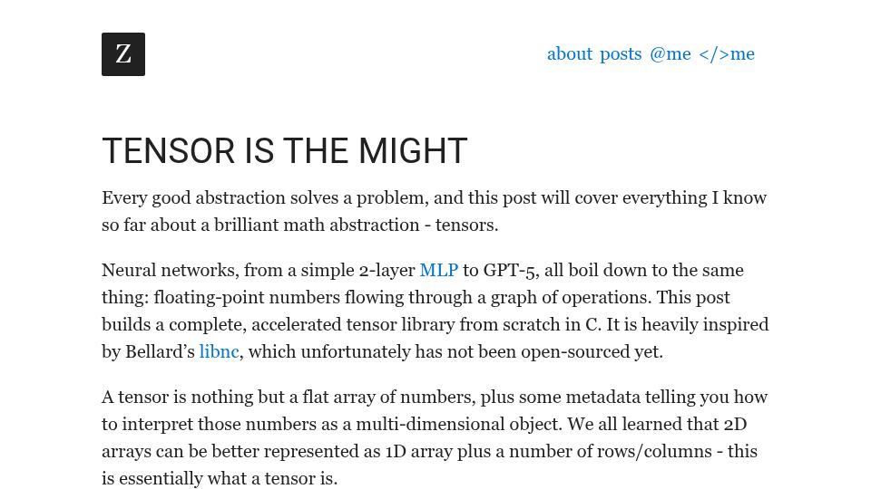 Screenshot of zserge.com: Tensor Is the Might