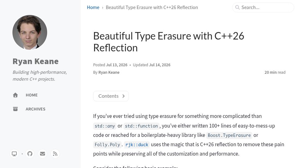Screenshot of ryanjk5.github.io: Show HN: Beautiful Type Erasure with C++26 Reflection