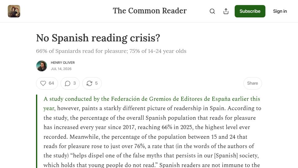 Screenshot of commonreader.co.uk: No Spanish reading crisis?