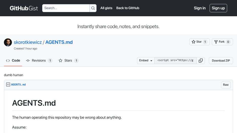 Screenshot of gist.github.com: Agents.md – Dumb Human