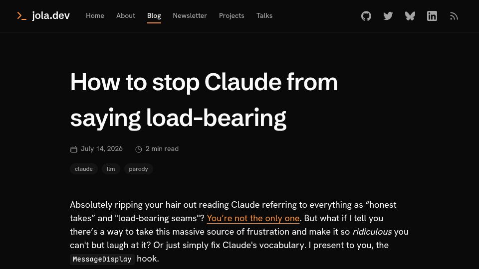 Screenshot of jola.dev: How to stop Claude from saying load-bearing