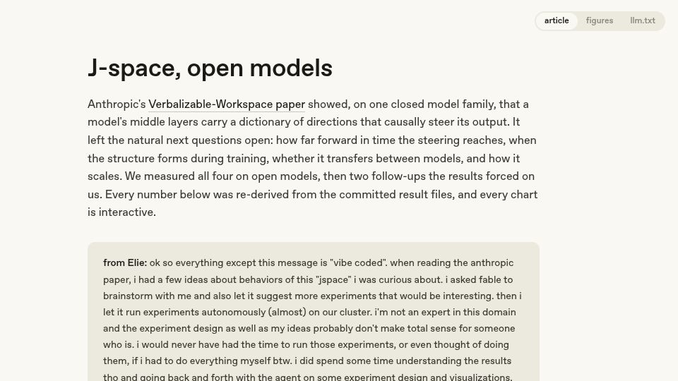 Screenshot of eliebak.com: J-space comparisons across open models