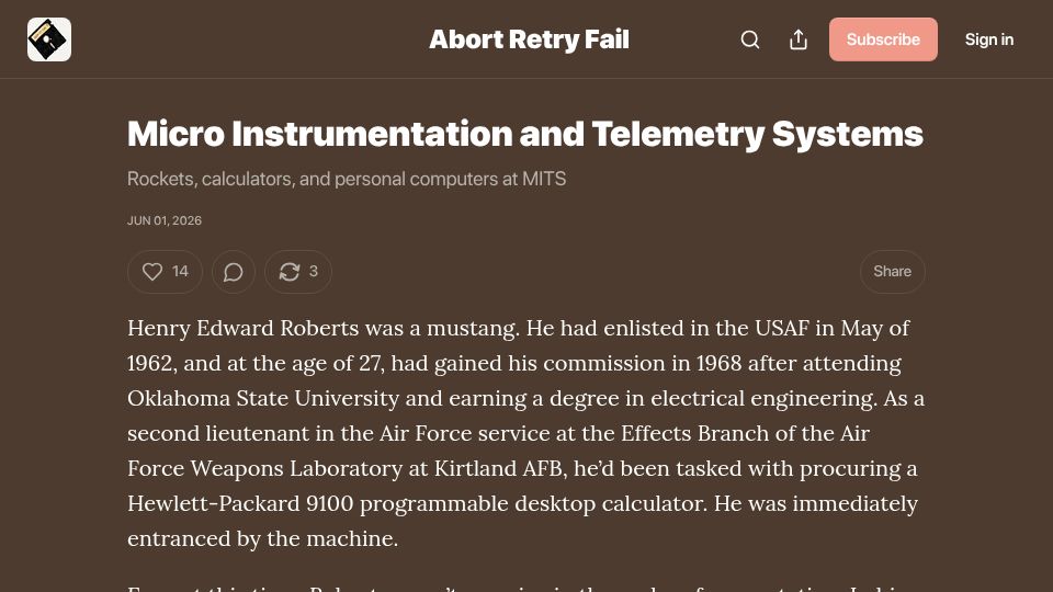 Screenshot of abortretry.fail: MITS: Rockets, Calculators, and Personal Computers