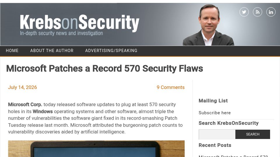 Screenshot of krebsonsecurity.com: Microsoft has released software updates to plug at least 570 security holes