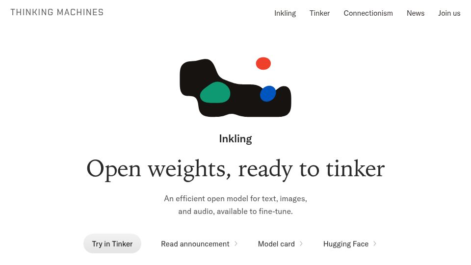 Screenshot of thinkingmachines.ai: Murati's Thinking Machines Releases Open-Weights 975B Parameter LLM