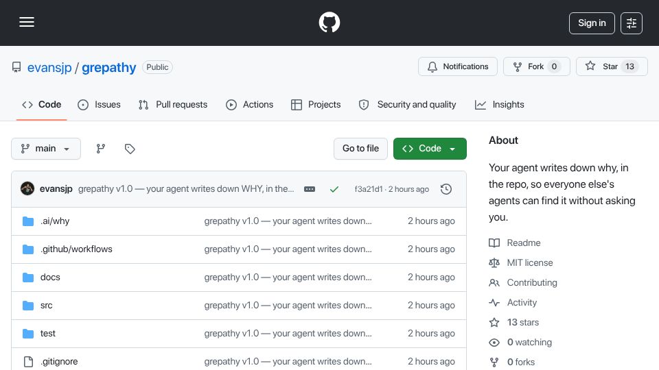Screenshot of github.com: Show HN: Grepathy – Claude made a decision nobody approved