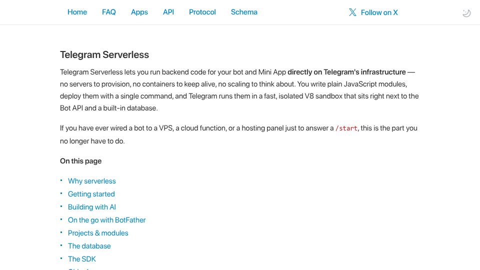 Screenshot of core.telegram.org: Telegram Serverless