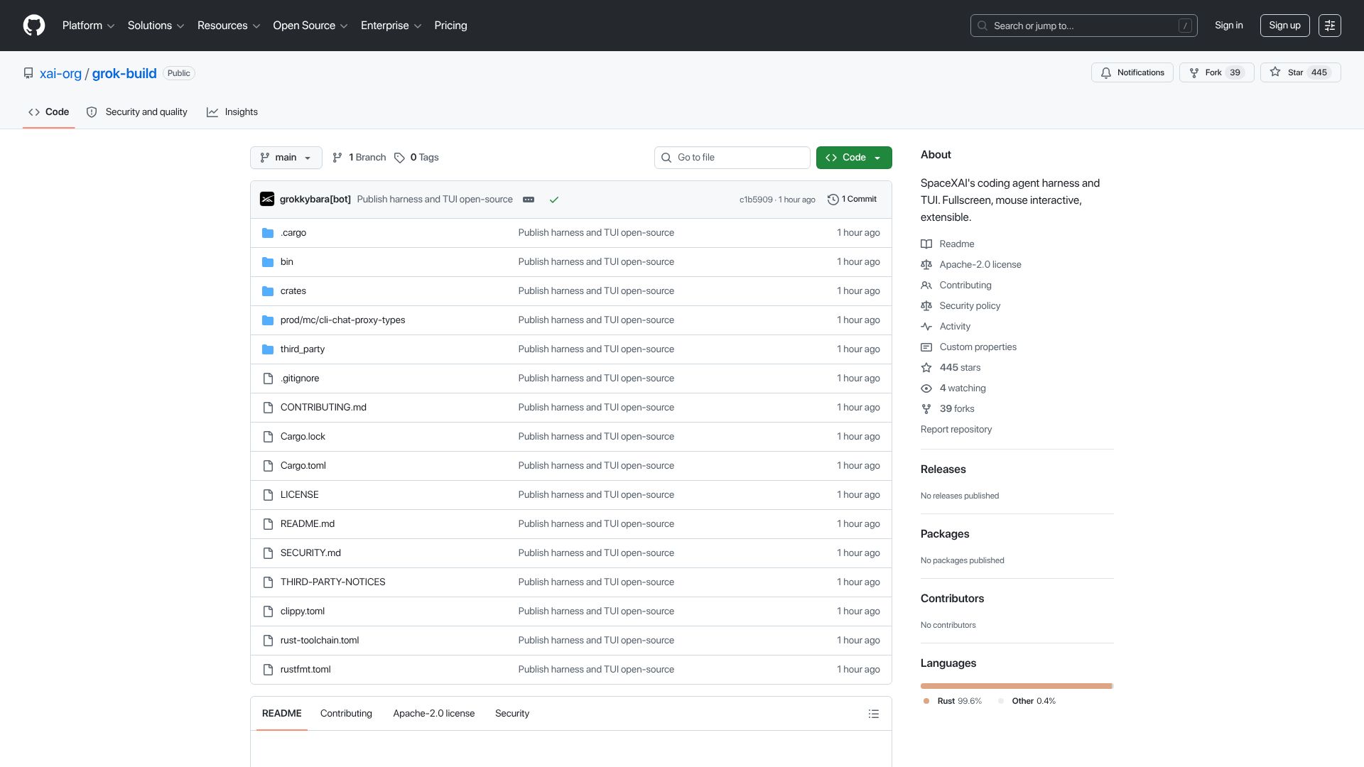 Screenshot of github.com: Grok Build is open source