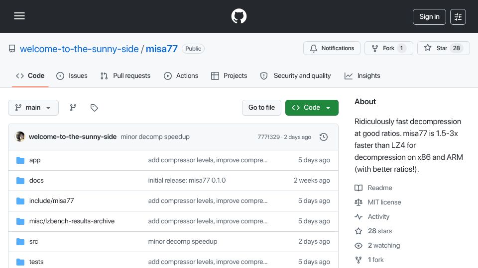 Screenshot of github.com: Show HN: misa77 - a codec that decodes 2x faster than LZ4 (at better ratios)