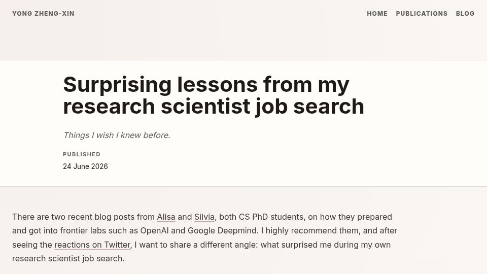 Screenshot of yongzx.github.io: Surprising lessons from my research scientist job search