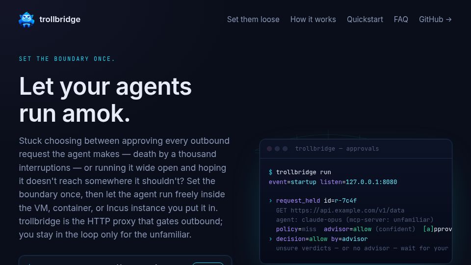 Screenshot of trollbridge.dev: Show HN: I built a smart proxy so your coding agent can run loose