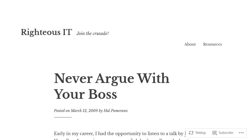 Screenshot of righteousit.com: Never argue with your boss (2009)