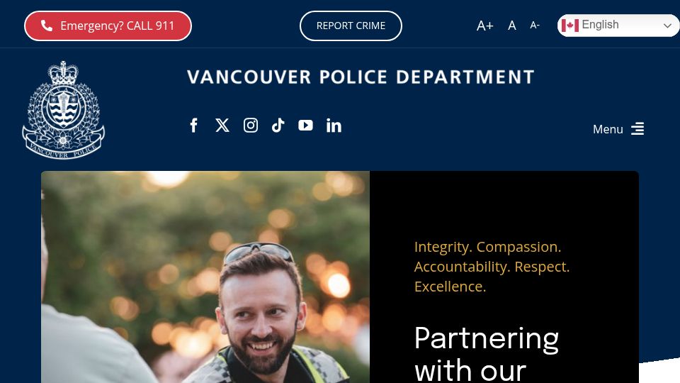 Screenshot of vpd.ca: Vancouver PD website features Quick Escape button that wipes itself from history