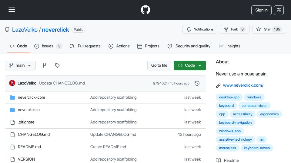 Screenshot of github.com: Neverclick: Desktop application for performing mouse actions with your keyboard