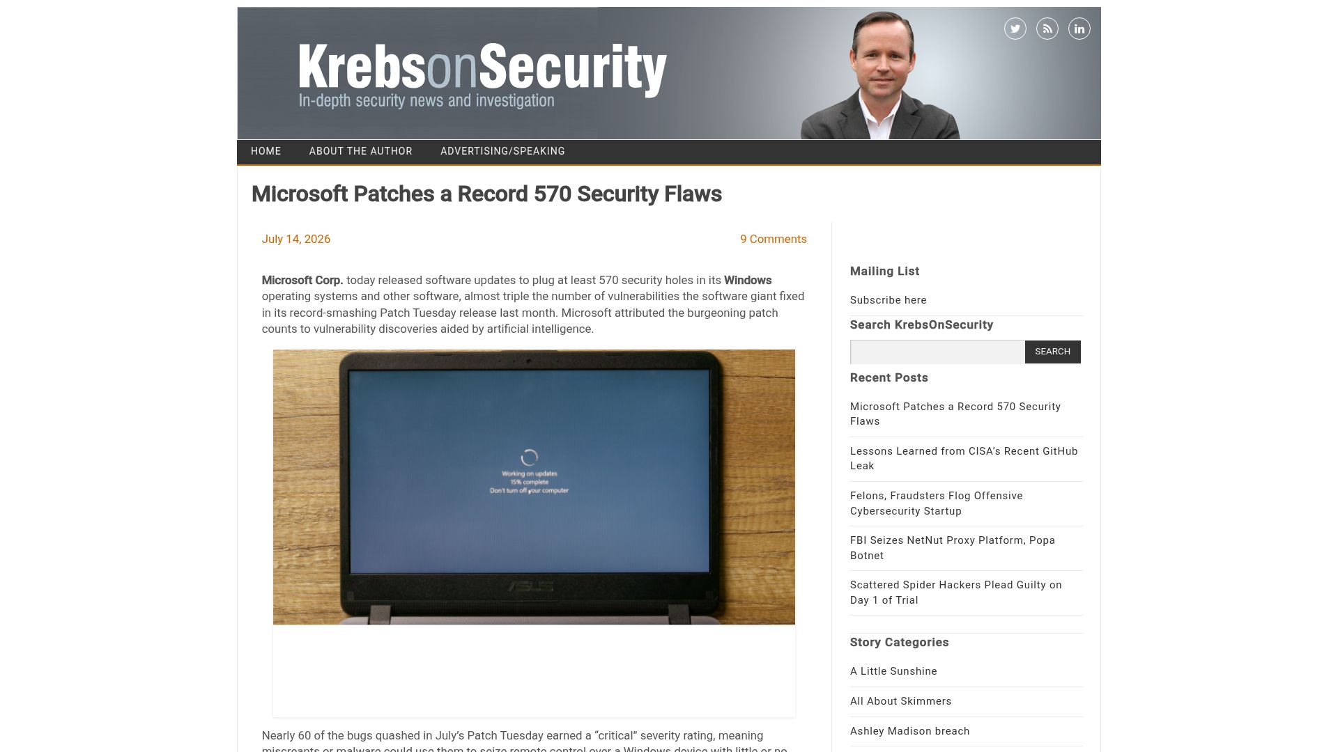Screenshot of krebsonsecurity.com: Microsoft has released software updates to plug at least 570 security holes