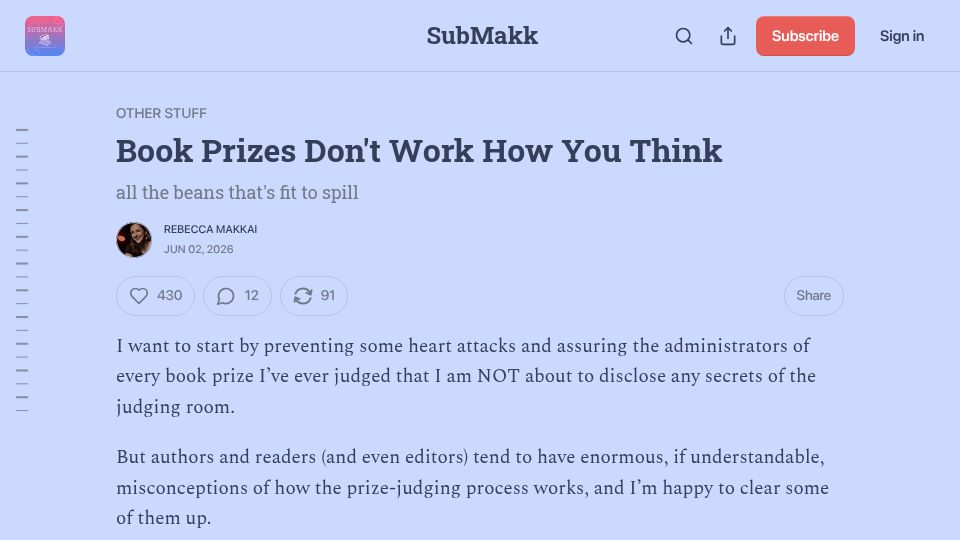Screenshot of rebeccamakkai.substack.com: Book prizes don't work how you think