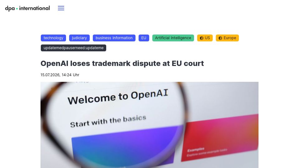 Screenshot of dpa-international.com: OpenAI loses trademark dispute at EU court