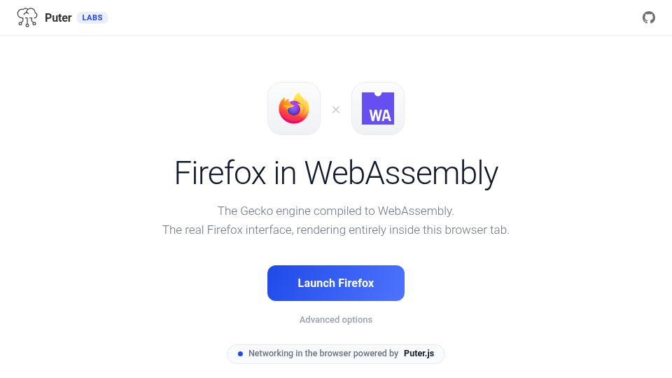 Screenshot of developer.puter.com: Show HN: Firefox in WebAssembly