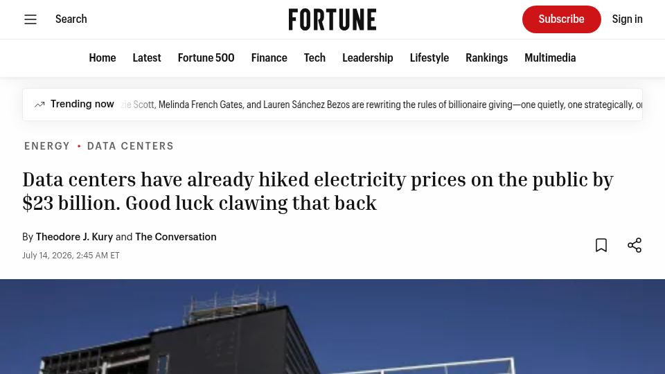 Screenshot of fortune.com: Data centers have hiked electricity prices on the public by $23B
