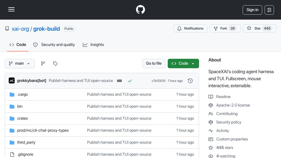 Screenshot of github.com: Grok Build is open source