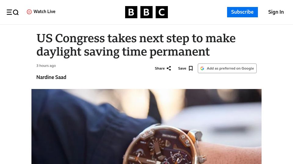 Screenshot of bbc.com: US House of Representatives takes step to make daylight saving time permanent
