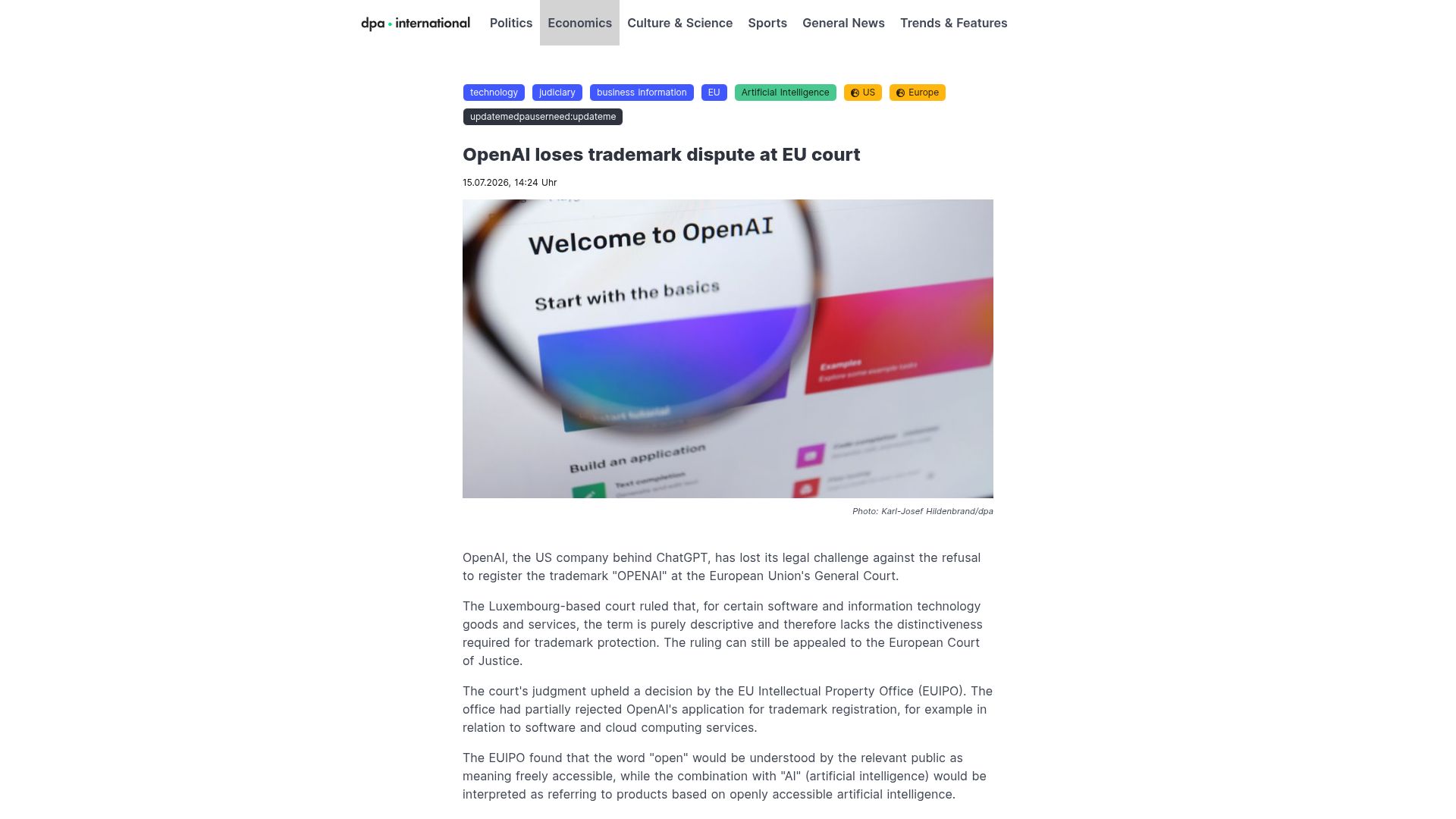Screenshot of dpa-international.com: OpenAI loses trademark dispute at EU court