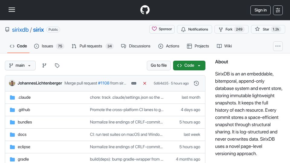 Screenshot of github.com: Show HN: SirixDB 1.0 Beta – Git-Like Versioning, Diffs, Time-Travel Queries