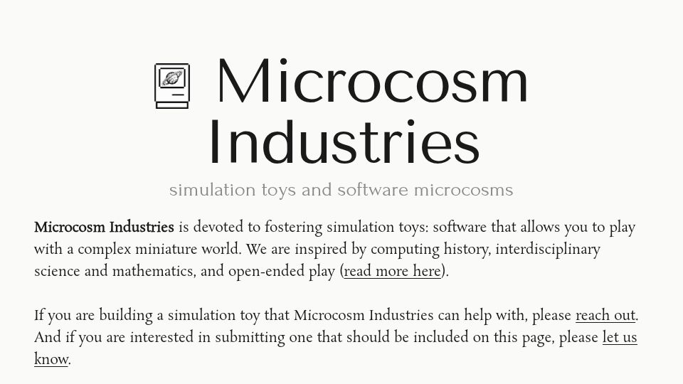 Screenshot of microcosm.industries: Show HN: Microcosm Industries – Simulation toys and software microcosms