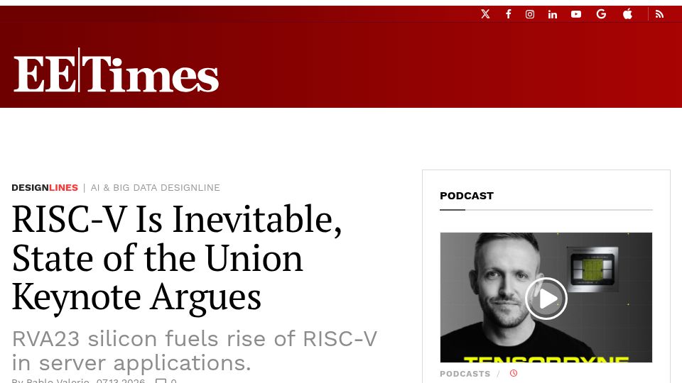 Screenshot of eetimes.com: RISC-V Is Inevitable: State of the Union Keynote Argues