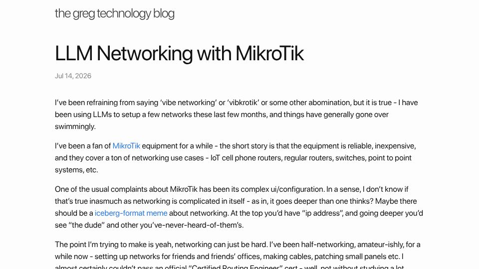 Screenshot of blog.greg.technology: LLM Networking with MikroTik