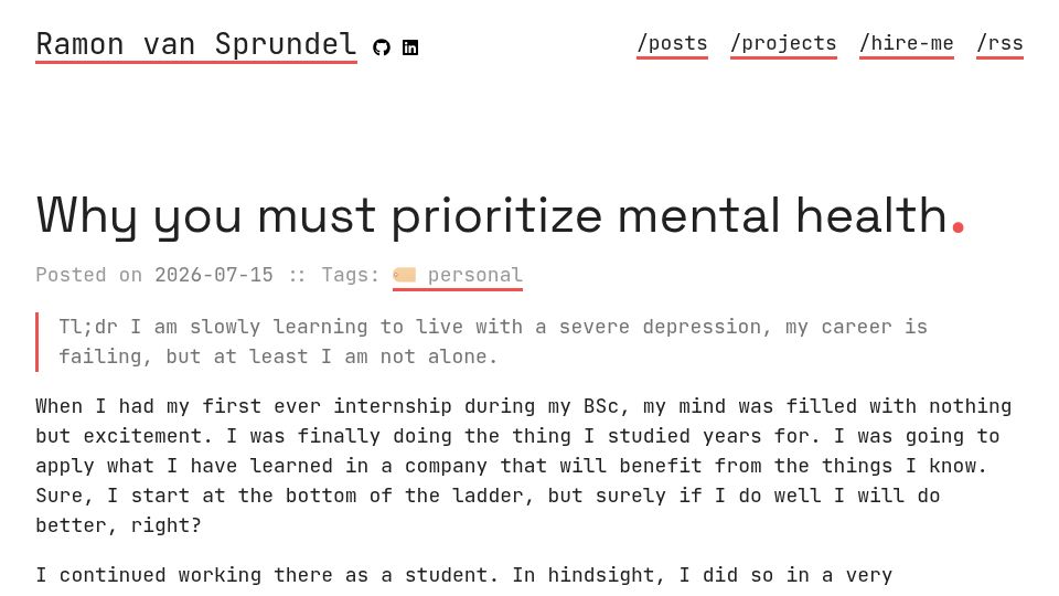 Screenshot of ramones.dev: Prioritize mental health, and why communication is so important