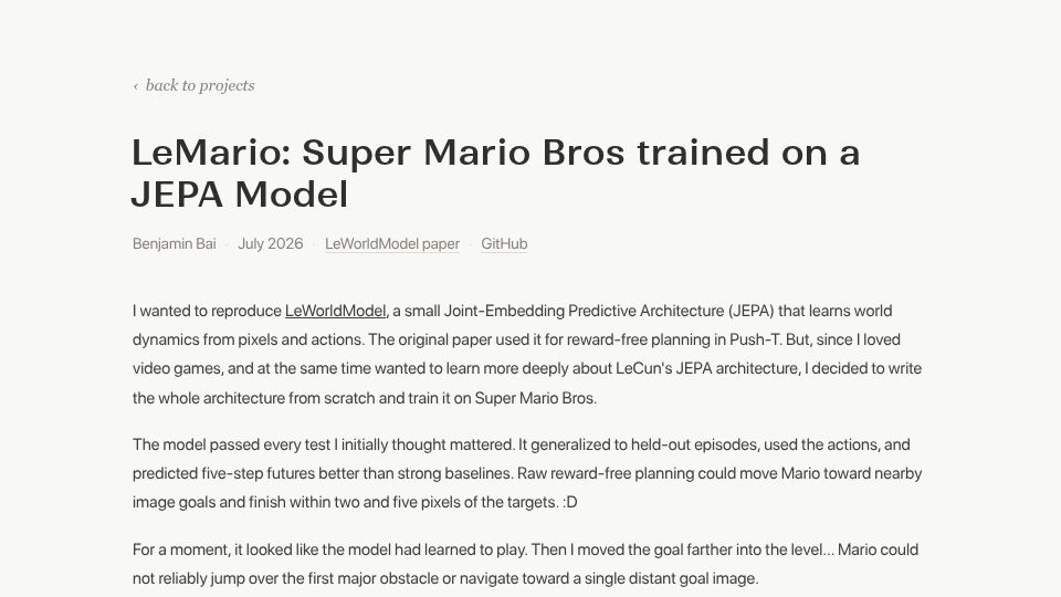 Screenshot of benjamin-bai.com: LeMario: Training a JEPA World Model on Super Mario Bros