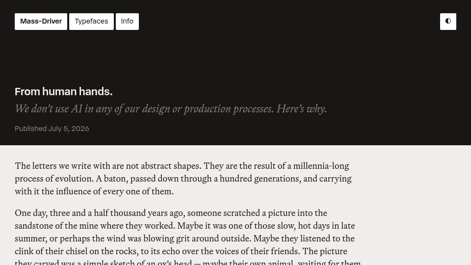 Screenshot of mass-driver.com: We don't use AI in any of our design or production processes