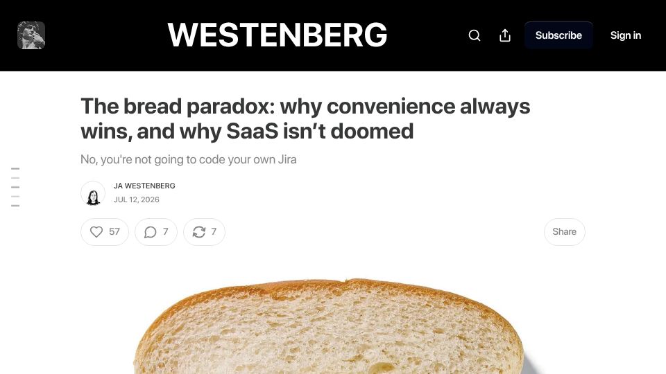 Screenshot of joanwestenberg.com: The bread paradox: why convenience always wins, and why SaaS isn't doomed