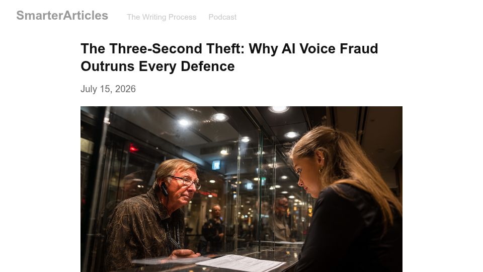 Screenshot of smarterarticles.co.uk: The Three-Second Theft: Why AI Voice Fraud Outruns Every Defence