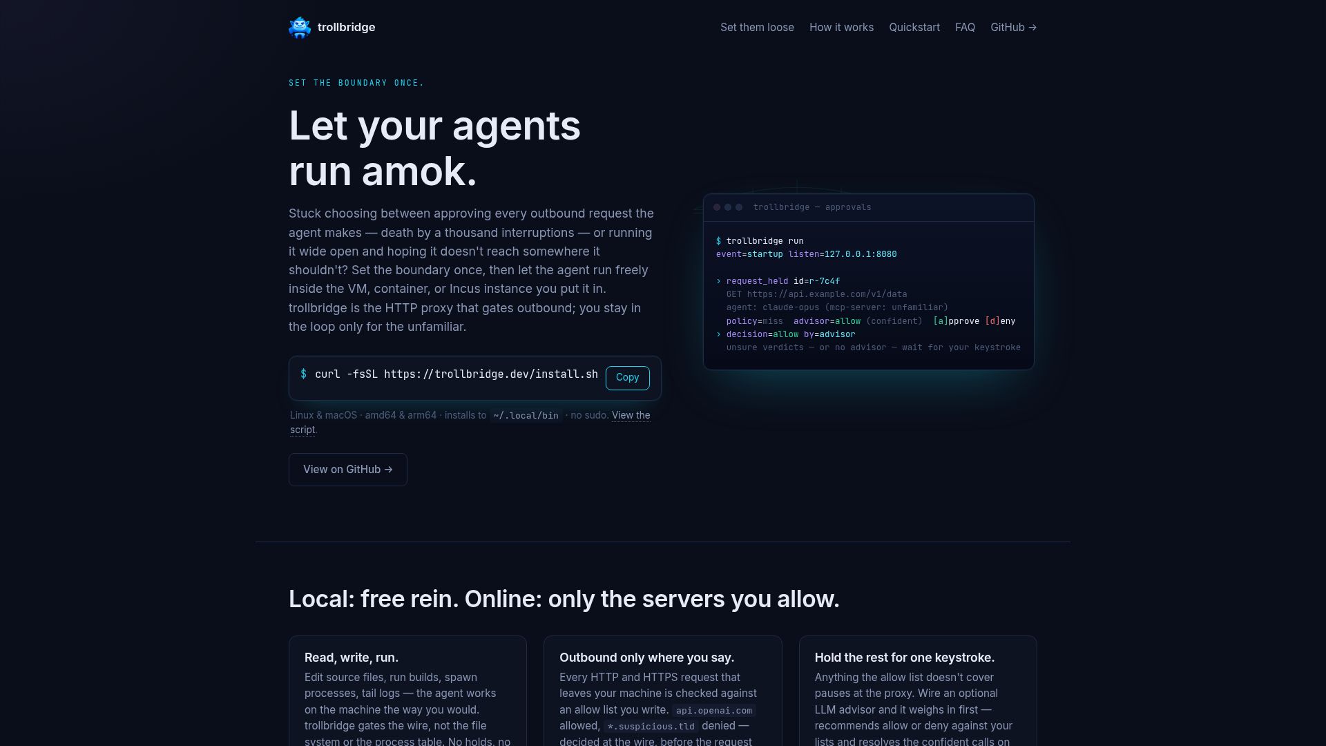 Screenshot of trollbridge.dev: Show HN: I built a smart proxy so your coding agent can run loose