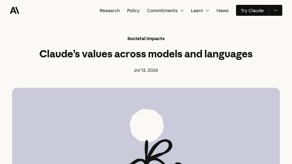Screenshot of anthropic.com: Societal Impacts: Claude's values across models and languages