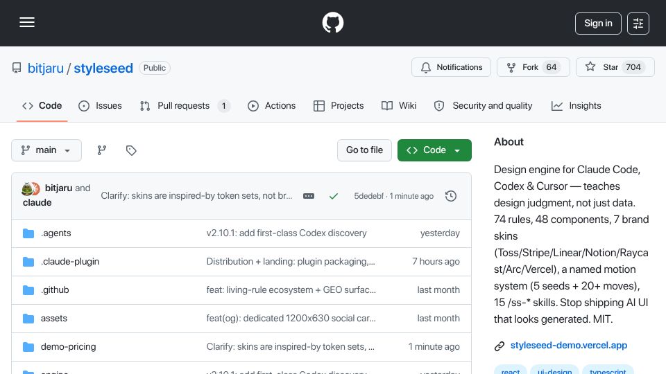 Screenshot of github.com: Show HN: StyleSeed – a design-rules engine so AI agents stop building generic UI
