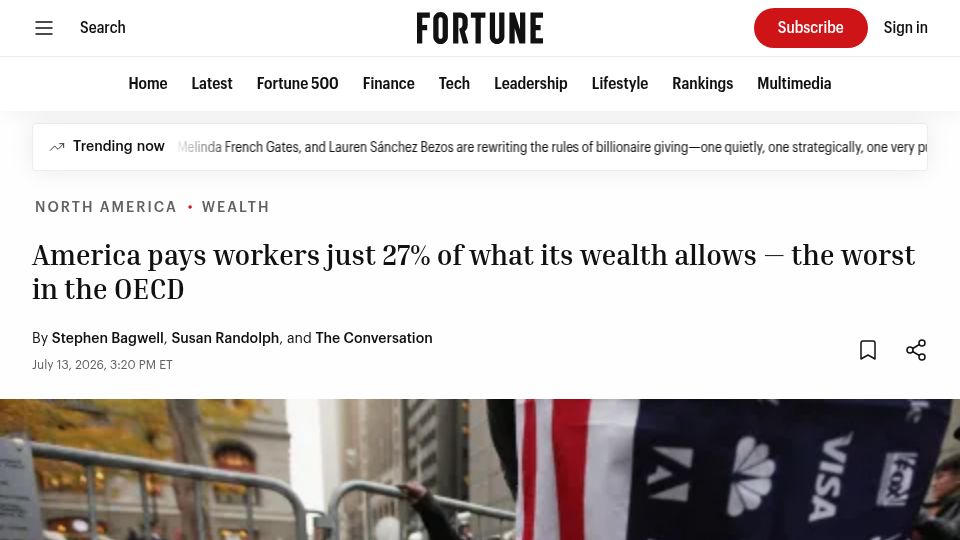 Screenshot of fortune.com: America pays workers just 27% of what its wealth allows – the worst in the OECD
