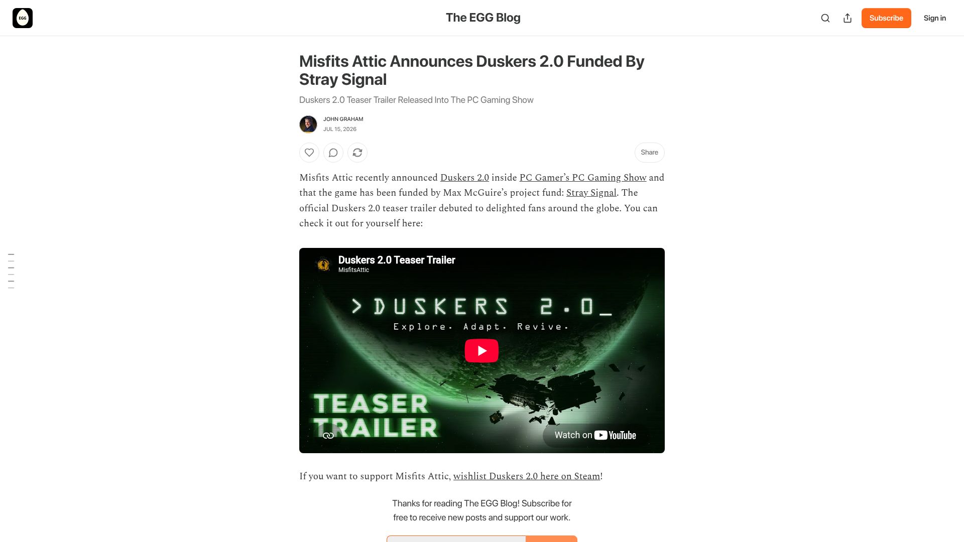 Screenshot of elbowgreasegames.substack.com: Duskers, the scary command line game, is getting a sequel