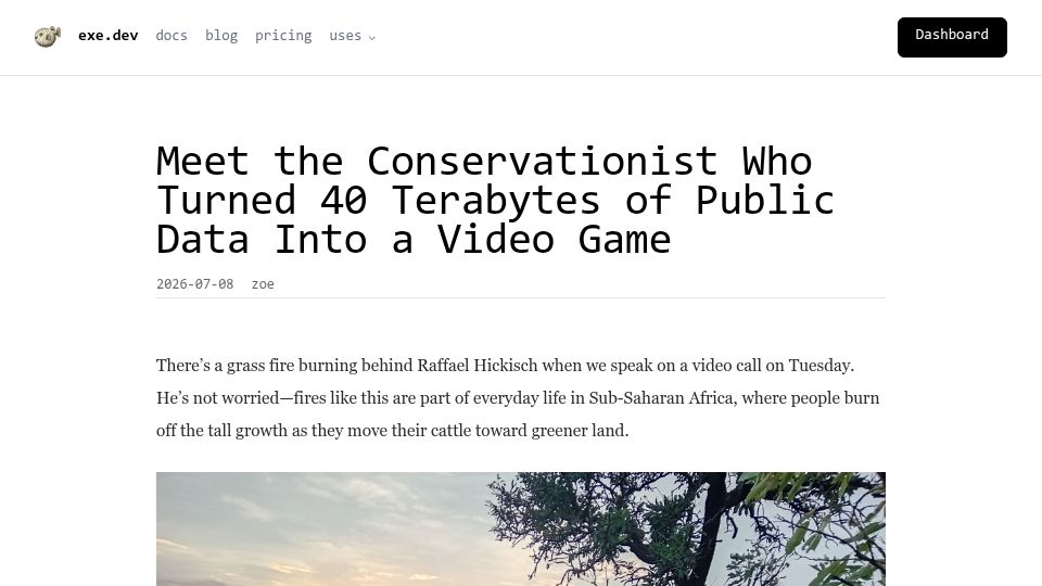 Screenshot of blog.exe.dev: The Conservationist Who Turned 40 Terabytes of Public Data into a Video Game