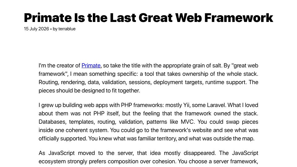Screenshot of superarch.org: Primate Is the Last Great Web Framework